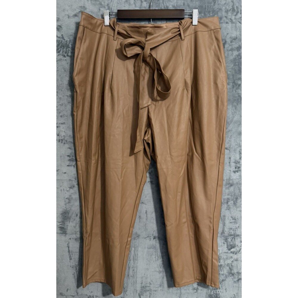 NWT Express Women's XL Camel Faux Brown Leather Pants Tie Waist Pleated Tapered